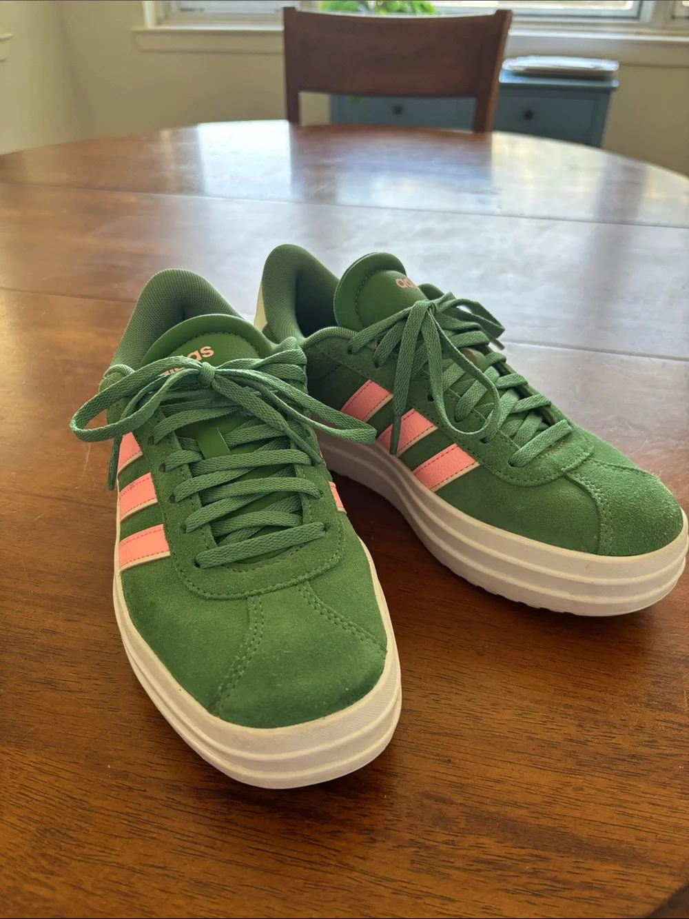 adidas Green Suede Platform Sneakers with Pink Stripes